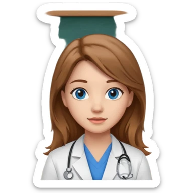 pretty female nursing student with long brown hair, blue eyes inside a classroom at university with blackboard behind her sticker