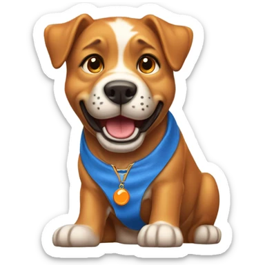 happy cute american stafford with simple blue collar with orange pendant from half side perspective with presents and gifts around him sticker