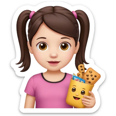 Toddler emoji with two pigtails dark brown hair, fair skin, in pink top, holding toddler snacks sticker