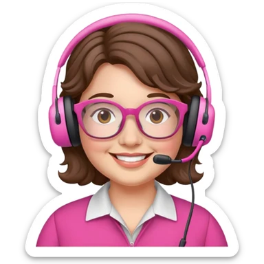chubby English teacher face, wavy brown hair, pink glasses, smiling, gamer sticker