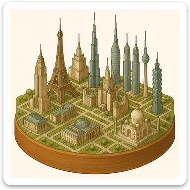 Оставь основу картинки - деревянную подставку, но при этом сгенерируй изометрическую модель города где будет самые узнаваемые здания мира Эмпайр Стейт Билдинг, Эйфелева башня, здание МГУ, Бурдж-Халифа, Башни Петронас, Небоскрёб Фостера в Лондоне, Рейхстаг, Тайбэй sticker