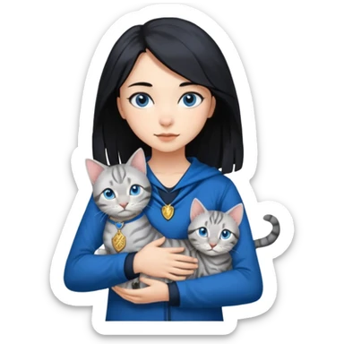 Girl with light skin, blue eyes, shoulder length straight black hair, wears a ravenclaw outfit, with a silver bengal cat holding in her arms sticker