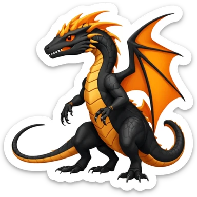 Magmatic fiery badass cool obsidian-Black and golden-orange Helioptile-Amaura-Salandit-Fakémon-hybrid-creature (full body)  sticker