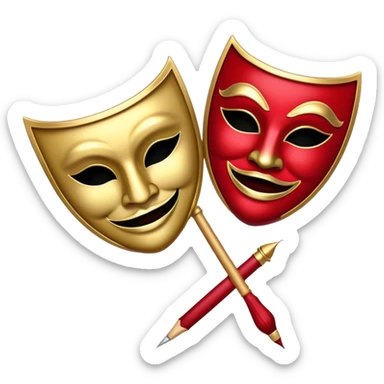 Create a bold and dramatic emoji representing the art of playwriting. The design should feature an open script or a theater playbook, with stylized text lines or dramatic dialogue inside. Include elements like a theatrical comedy and tragedy masks, a stage spotlight, or a writting quill to symbolize creativity and performance. Use deep, contrasting colors like red, black, and gold to evoke the intensity and passion of drama. The overall design should feel dramatic, inspiring, and artistic. Make the background transparent. sticker