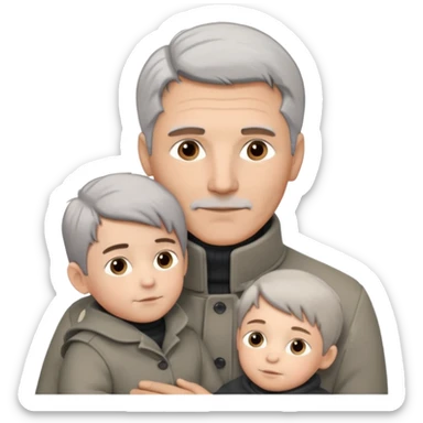 A father with silver-grey hair styled neatly and a clean-shaven face, wearing a dark turtleneck and wool coat, holding his child gently. The child has light brown hair and a soft white jacket. Warm cinematic lighting, emotional close-up. sticker