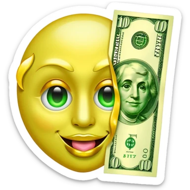 money face emoji. The face should be bright yellow, with exaggerated dollar-sign eyes glowing in neon green, and a tongue sticking out shaped like a crisp $100 bill. Add a shiny, golden aura behind the face sticker