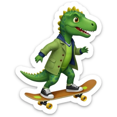 a dinosaur on a skateboard wearing a coat with sneakers in the bottom sticker