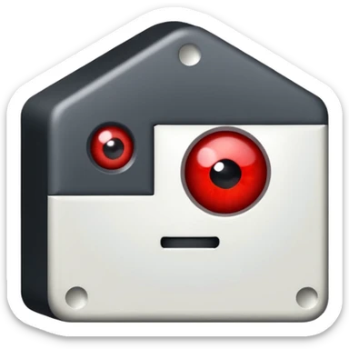 Show me a really dark grey square with a red flash on the side of it to look like a flashy eye and no other eye on the right side of the square. Add this to the head too. A domino hat that is from forsaken 1x1x1x1. sticker