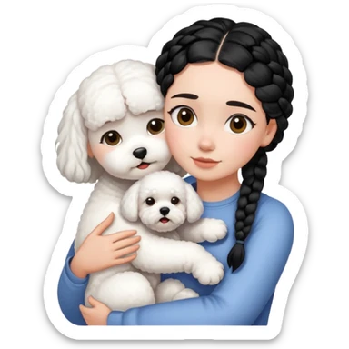 A girl with the black braids has straight hair ,hugging one Bichon frise sticker
