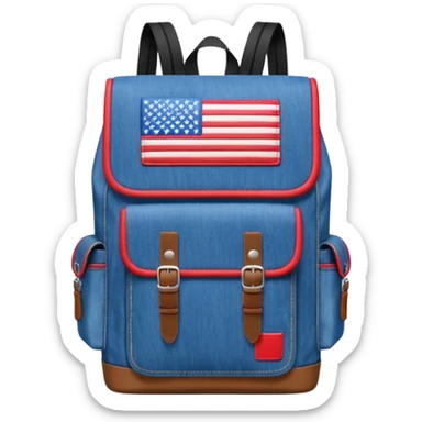 a blue denim backpack with a flap top, two vertical black buckle straps on the front. The backpack has two side pockets and a soft square shape. at front view bottom pocket, red and with two divided logo like simple american flag

 sticker