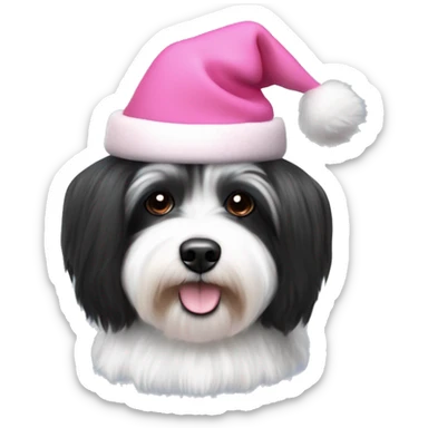 Black and white havanese dog medium fur length with a pink Christmas hat slouched at the top of its head tilting to the right sticker
