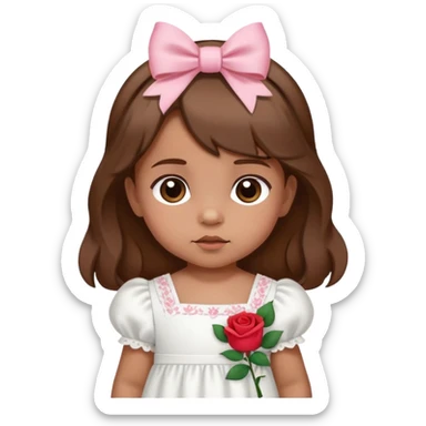 Brown hair, medium skin tone baby girl with bows on her hair, and wearing a white dress with rose designs on it  sticker