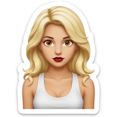 a woman with white tank top her hair is long wavy blonde hair, her face is baddie girl style, her eyes color are yellow and the color of her lip is red maroon sticker