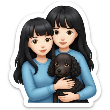 A beautiful girl with long black straight hair and bangs hugs a curly-haired dog sticker