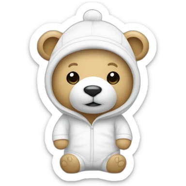 Un oso blanco de pie con un pijama blanco muy delgado y con un gorro sticker