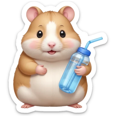 Cute chubby cartoon-style hamster hugging an oversized water bottle, sipping with tiny straw, happy expression. Painterly shading, expressive eyes, white background, sticker-style illustration sticker