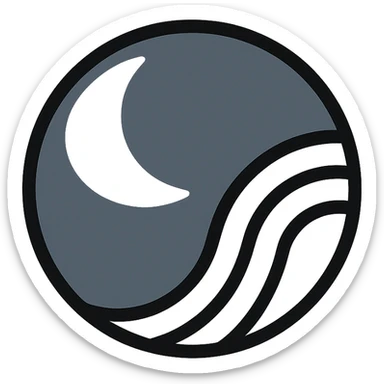 modern abstract logo: dark gray sphere with subtle gradient, white crescent moon or claw shape in the upper left, three white concentric curved lines on the right resembling waves or fingerprint sticker