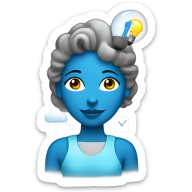 a tech girl with drawing tools, light bulb, cloud, blue heart sticker