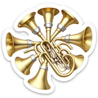 Create a festive and elegant emoji collage featuring a bouquet or fan of brass instrument bells (trumpets, saxophones, trombones, tubes, etc.) arranged in a radiant, symmetrical pattern. The instruments should have polished, golden and silver finishes, with their large, shiny bells forming a beautiful, fan-like display. Include a flowing ribbon of musical notes swirling through the center, conveying movement and melody. The background should feature a deep red velvet texture, adding a touch of luxury and sophistication. The overall composition should be balanced, with an elegant and regal feel, with a transparent background to keep focus on the instruments and musical elements. sticker