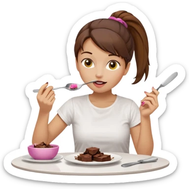 yellow-skinned woman with brown hair in a ponytail, wearing a white T-shirt. She’s sitting at a table, licking chocolate off a knife and holding a 'Banado' jar. On the table: a plate with crumbs, a fork, a glass of dark drink, and a pink lid. Simple brown background. sticker