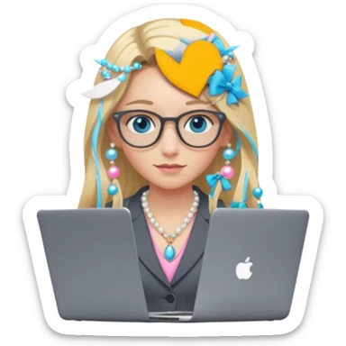 Please take the girl with laptop emoji and make her glassess light brown, her eyes ocean blue and her nose a bit smaller and pointier and she has blonde very long hair and a dark grey suit and pearls necklace, and has a laptop in fron of her and a tiny pink bow on the left side of her head sticker