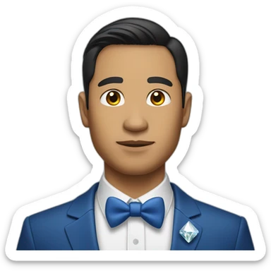 Pilipino man with a diamond earring and a blue suit and tie sticker