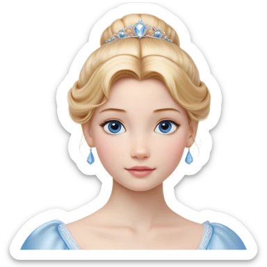 Cinematic Realistic Cinderella Portrait, depicted with lifelike skin texture, subtle rosy undertones, and soft natural lighting that enhances the gentle contours of her face. Her intricately detailed golden blonde hair is elegantly styled in an updo, with delicate wisps framing her face for added realism. Her deep, expressive blue eyes radiate warmth and sincerity, reflecting a quiet resilience and grace. She is dressed in her iconic ball gown, the fabric shimmering with intricate embroidery and fine translucent layers that catch the light beautifully. The soft sheen of satin gloves and the delicate sparkle of a glass-like slipper peeking from beneath her dress add a touch of magical realism. The portrait features an enchanting glow with a natural, luminous finish, seamlessly blending realism and fairytale charm to evoke a sense of depth, elegance, and timeless beauty. sticker