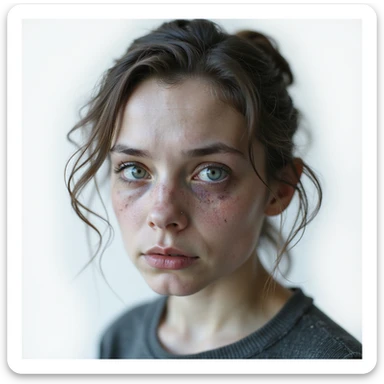 young woman with vitamin B12 deficiency, very pale skin, marked dark circles, slightly bluish lips, dull and fragile hair, expression of extreme fatigue, hyperrealistic 4K details, vertical 9:16, white background sticker