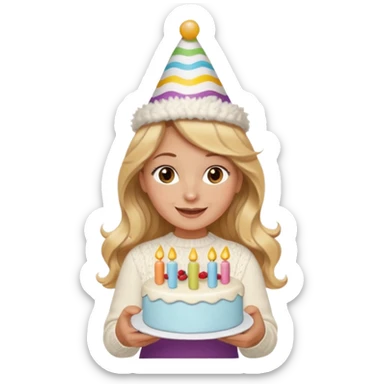 A pretty white girl with hazel brown eyes and long brown and blonde wavy hair in a cosy white knit sweater, she is celebrating her birthday and is happy sticker