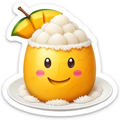 cinematic-realistic-mango-sticky-rice-dessert-emoji,-showcasing-sweet-sticky-rice out of a mould-paired-with-ripe-mango-slices-and-coconut-milk-rendered-with-lifelike-detail-and-warm,-inviting-lighting with the coconut  milk over the rice sticker