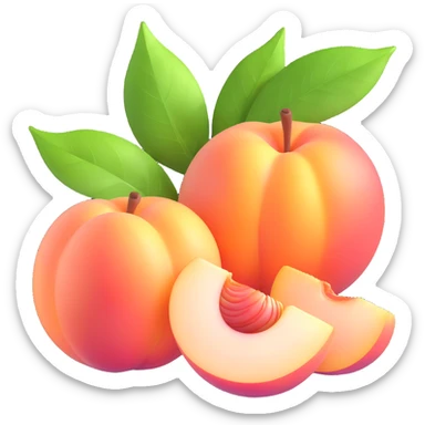 white peach fruit, one whole and one cut open, shiny and smooth, detailed and vibrant, with a green leaf, iOS 3D emoji style sticker