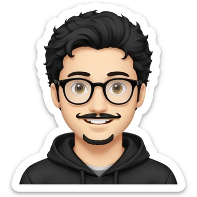 portrait man, Jewish young man 25 years old, long voluminous slightly curly black hair, glasses, wide open eyes, bushy eyebrows, sideburns, mustache and goatee. white teeth, smiles, looks at camera. wears black hoodie.  sticker