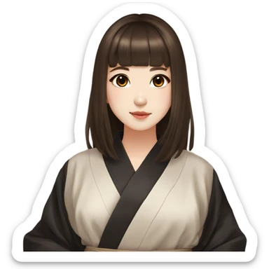 Korean girl, black silk robe, brown hair, deep brown eyes, cute girl, aesthetic, long brown hair, hime cut, bangs sticker