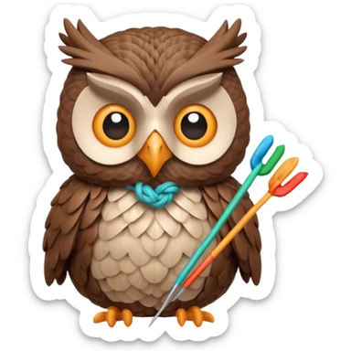 knitting owl portrait, head and shoulders only, cute owl holding knitting needles and yarn, cozy expression, warm handmade vibe, soft feathers, 3D cartoon style, mobile game icon style, clean background, no text, no watermark
 sticker