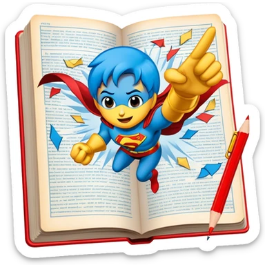 Create a vibrant emoji representing comic books and graphic novels. The design should feature a large, open comic book or vintage comic magazine with pages displaying classic comic art, with text. The comic pages should have bold, dynamic panels and action scenes. Include a pencil writing on the pages, but without a hand, to symbolize the artistic creation of comics. Use bright colors like red, blue, and yellow, with a retro feel to the design. Make the background transparent. sticker