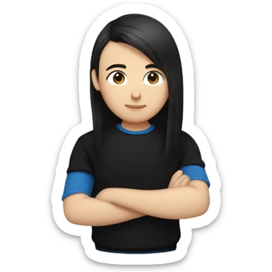 dark Blonde girl with blue eyes in black sweater and an east asian with light skin man with black hair and black eyes hugging sticker