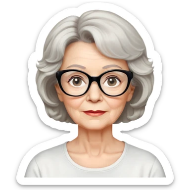 white older woman, about 65 years old, light warm skin, wide face, black wavy neck-length 80s short hair, low volume, neutral expression, large black shiny butterfly or cat-eye glasses, white casual t-shirt sticker