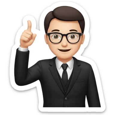 un PROFESOR con terno negro que este parado con sus lentes guiñando el ojo y CON LAS MANOS HACIA ARRIBA DANDO LIKE sticker