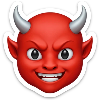 CARTOON STYLE EMOJI of a RED DEVIL FACE with small HORNS pointing up, BLACK EYES, and a MISCHIEVOUS SMILE. The entire face is RED with a smooth glossy texture. BACKGROUND is PURE WHITE, clean and simple. sticker