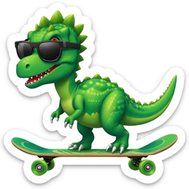 Green dinosaur on a skateboard with a chain and pixel sunglasses sticker