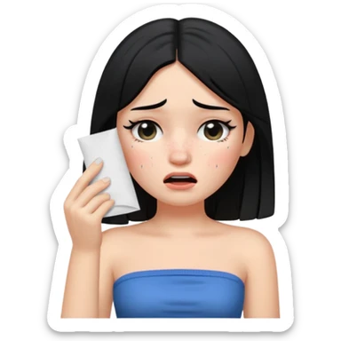 making a white skin black hair girl wearing tube using paper to swipe her tears because of stress ios memoji style sticker