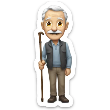 Grandfather with oval face and mustache grey and smiling and holds a walking stick sticker