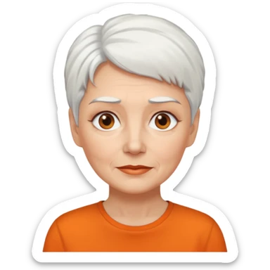 older white haired woman with orange shirt short white hair make eyebrows brown sticker