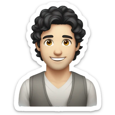 Man, wavy black hair, bright blue eyes, white skin, caucasian, smiling, happy sticker