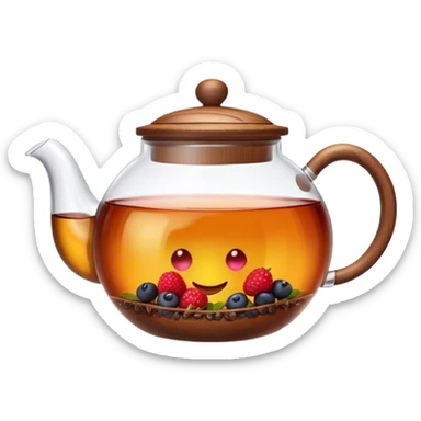A cinematic realistic emoji with an attractive image of a transparent teapot with a realistic wooden lid filled with tea with berries, rich texture and warm, festive lighting. sticker