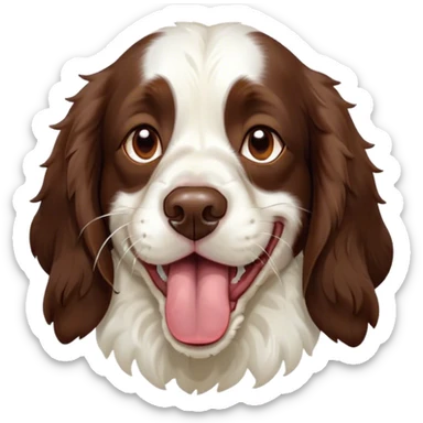 Cinematic Cute Yawning Springer Spaniel Portrait Emoji, Head tilted slightly with a dramatic, wide-open yawn, showcasing a smooth Fur of liver and white with crisp markings, floppy ears slightly drooping, round brown eyes barely open in drowsy contentment, Simplified yet irresistibly adorable features, highly detailed, glowing with a soft, cozy glow, high shine, relaxed yet expressive, stylized with a touch of whimsy, bright and endearing, soft glowing outline, capturing the essence of a sleepy yet affectionate companion, so drowsy it feels like it could stretch right out of the screen and curl up for a nap! sticker