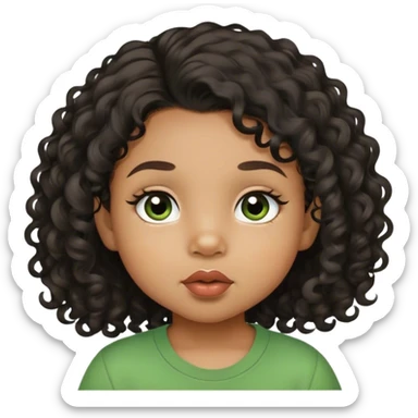 light brown skin tone, very adorable toddler, with big plump lips, long long lashes, black curly hair, middle hair parting, brown eyes, green shirt sticker