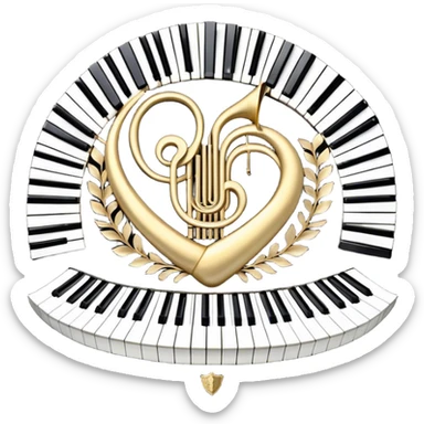 Create an elegant and festive emoji collage representing keyboard instruments, styled like a heraldic emblem. The design should feature a central focal point of black and white piano keys, arranged in a semi-circular or shield-like shape. Around the piano keys, add intertwining musical notes that form flowing ribbons, creating a dynamic and celebratory atmosphere. The design should be professional, with polished silver and gold accents on the keys and notes, highlighting the luxury and sophistication of the instruments. Add subtle shading and lighting effects to give the design a refined, 3D appearance. The background should remain transparent, and the overall feel should evoke grandeur, artistry, and a sense of celebration. sticker