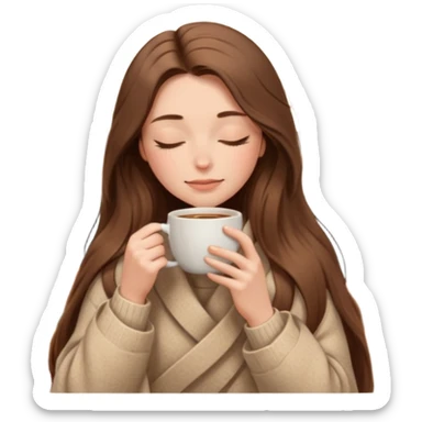 long brown hair woman closed eyes hiding under a cozy wool beige blanket, holding cup of coffee, autumn mood sticker