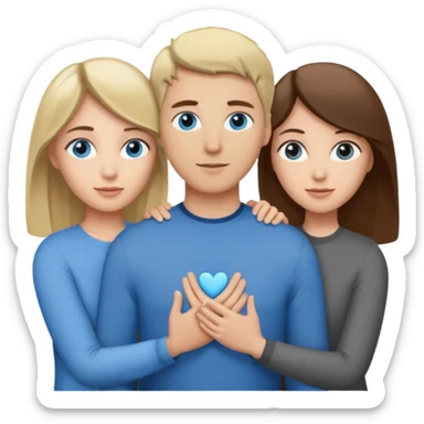 3 people. Throuple. Blank woman with blond hair and blue eye color on left. And also a blank man with brown hair and grey eye color in the middle. And a blank woman with brown hair and grey eye color on the right. Holding each other sticker